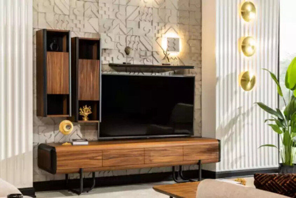 A beautiful loft-style TV wardrobe with wall shelves that will give your living room a chic look