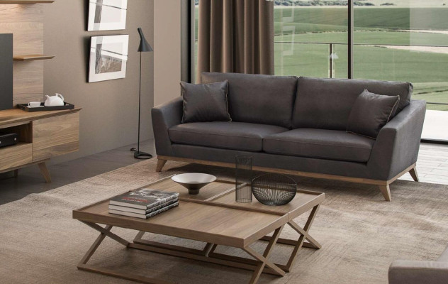Gray Imitation Leather Three Seater Living Room Sofa Modern Couch Style Furniture
