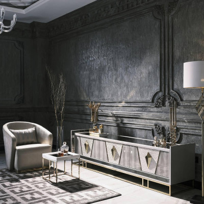 Complete e Living room Armchair Side table Set 3-piece gray TV cabinet lowboard