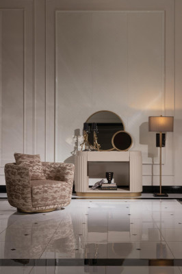 Suite Living room Armchair Chest of drawers Mirror Beige Fabric Wood Relax 3pcs