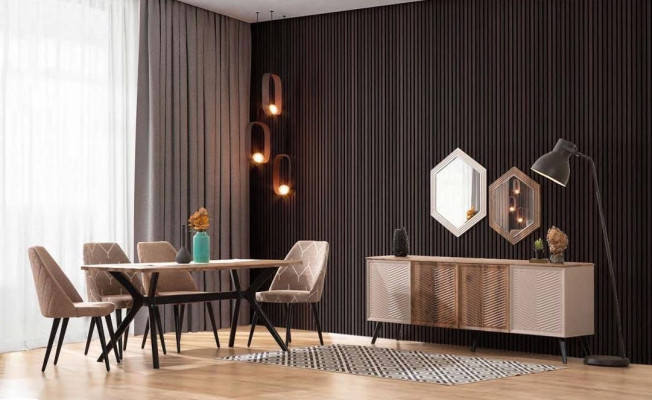 Beige Dining room Modern Dining room Suite Dining table Sideboard 2x Mirror