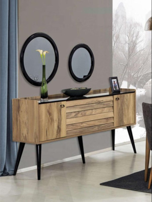 Designer Dining room Furniture Set Light Brown Wood Sideboard Glass Mirror
