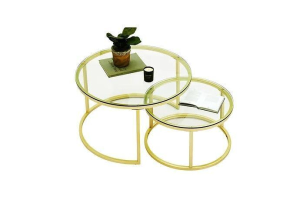 Coffee tables 2 parts Glass table top Metal gold-colored legs Living room furniture