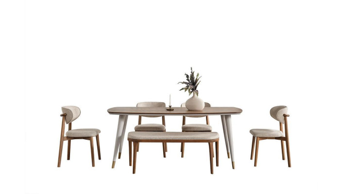 Chic Set Consists of Dining table and 4x Chairs + Stool in Dining room beige