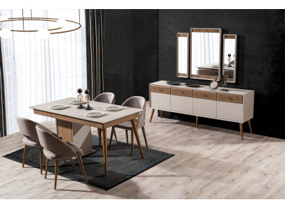 Design 9-piece Dining room Set Dining table and 4x Chairs Sideboard with 3x Mirror