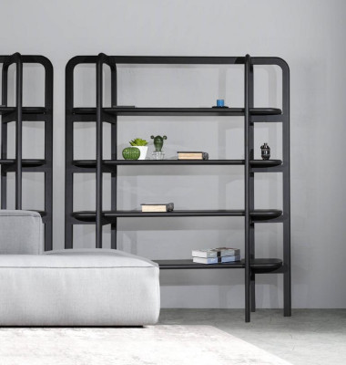 Stable black wooden shelf in an industrial design with vintage charm
