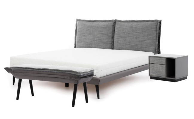 Bedroom Set Gray Bed Elegant 2x Bedside tables Luxury Stool Modern 4-piece.