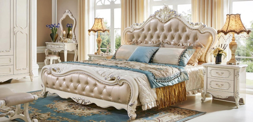 Bed Bedroom Set Luxury Baroque Rococo Beds 2x Bedside table 3-piece Design new