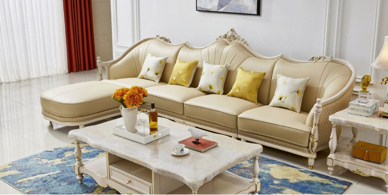 Corner sofa L-shape Coffee table Side table 3-piece. Set Upholstery Leather Solid wood