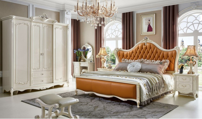Bedroom Set Double Bed 2x Bedside table Console Upholstery 6 pcs. Solid wood