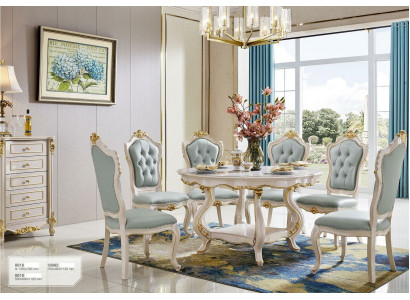 HellBlue e Classic Dining room ambiente Round wooden table with x6 Chesterfield armchairs