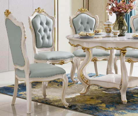 HellBlue e Classic Dining room ambiente Round wooden table with x6 Chesterfield armchairs