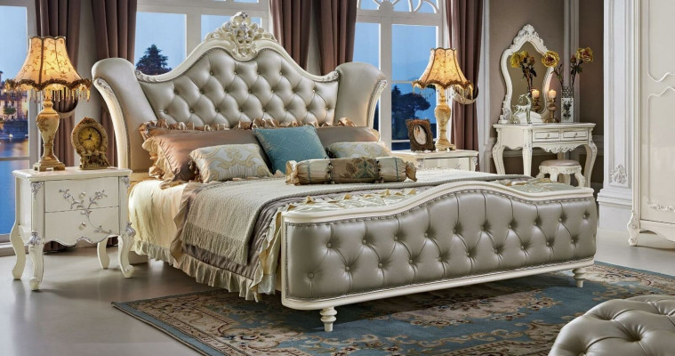 Bed Upholstered bed Wood Luxury Chesterfield Leather Beds Bedroom Solid wood