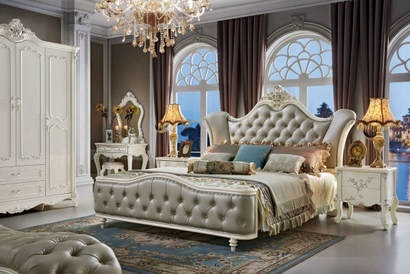 Bed Upholstered bed Wood Luxury Chesterfield Leather Beds Bedroom Solid wood