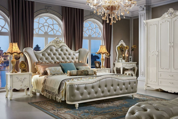 Bed Upholstered bed Wood Luxury Chesterfield Leather Beds Bedroom Solid wood