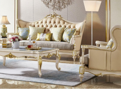 Leather sofa Classic Sofa set 2-piece set 3+1 Seater seating set Solid wood