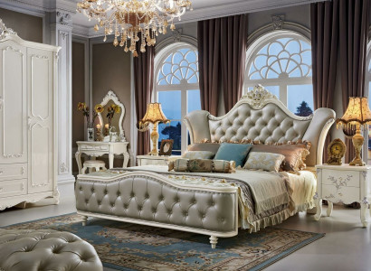 Design Bedroom Set 6 pcs. Baroque Bed Bedside table Wardrobe Solid wood
