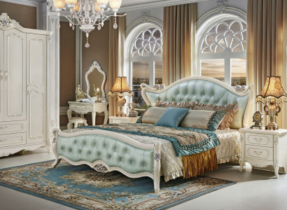 Design Bedroom Set 6 pcs. Baroque Bed Bedside table Wardrobe Solid wood