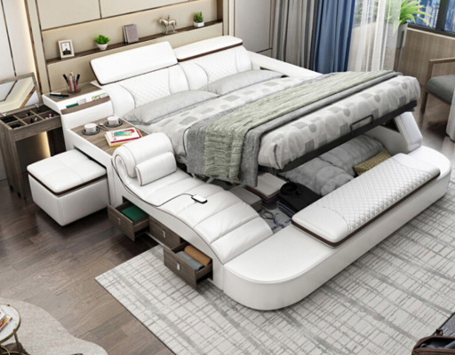 Luxury Bed Bed Leather Beds 180x200 Multifunction Bedroom Lounger Shelves