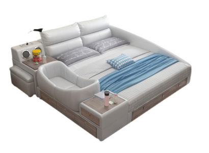 Bed Multifunction Shelf Wardrobe USB Charging Station Double Leather Beds