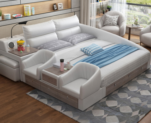 Bed Multifunction Shelf Wardrobe USB Charging Station Double Leather Beds