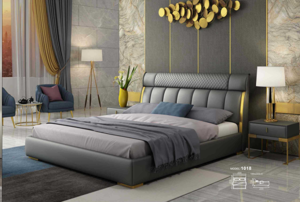 Modern gray leather bedroom with gold stainless steel inserts