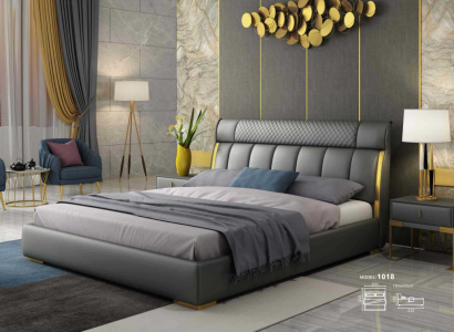 Modern gray leather bedroom with gold stainless steel inserts