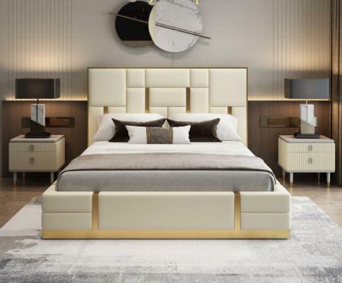 Modern Luxury Bed Bedroom Italian leather Upholstery Double Beds Metal Design.