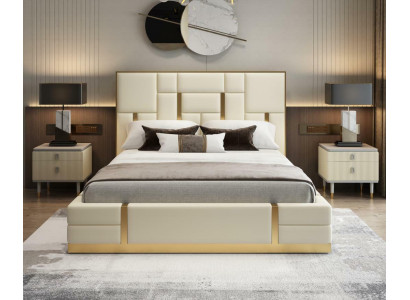 Modern Luxury Bed Bedroom Italian leather Upholstery Double Beds Metal Design.