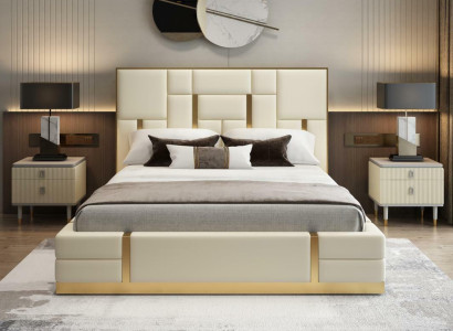 Modern Luxury Bed Bedroom Italian leather Upholstery Double Beds Metal Design.