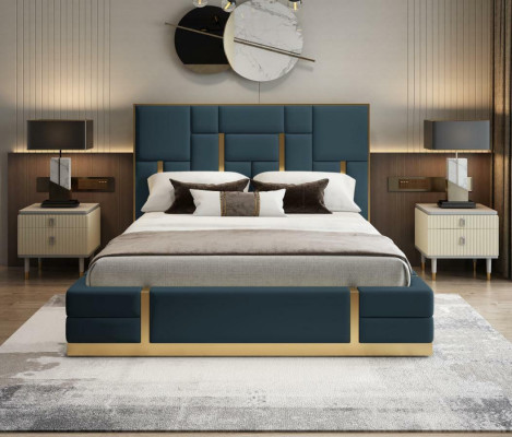 Modern Luxury Bed Bedroom Italian leather Upholstery Double Beds Metal Design.