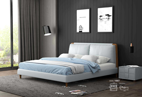 Modern double bed 180x200 in white leather design on wooden legs