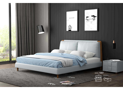 Modern double bed 180x200 in white leather design on wooden legs