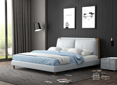 Modern double bed 180x200 in white leather design on wooden legs