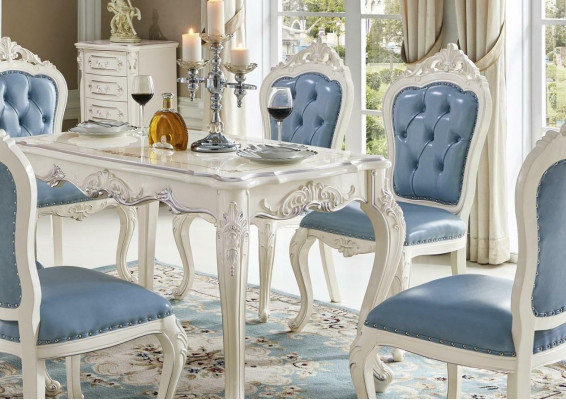 Classic White -Blue e Dining room Furniture Designer Dining table with Chesterfield leather chairs