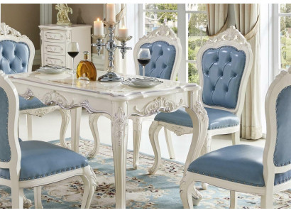 Classic White -Blue e Dining room Furniture Designer Dining table with Chesterfield leather chairs