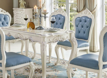Classic White -Blue e Dining room Furniture Designer Dining table with Chesterfield leather chairs