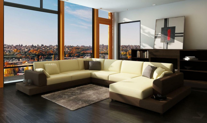 Leather sofa Couch Living landscape Corner sofa Corner Suite Design Decor Modern