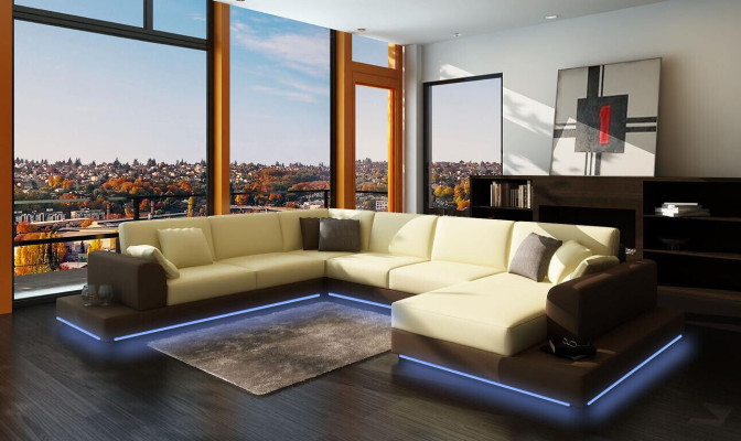 Leather sofa Couch Living landscape Corner sofa Corner Suite Design Decor Modern