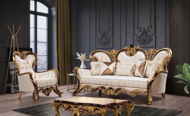 Sofa set 3+1 Seater Gold Coffee table Classic Living room Set 3pcs.
