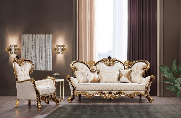 Sofa set 3+1 Seater Gold Coffee table Classic Living room Set 3pcs.