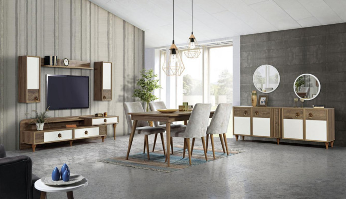 Dining room Set Table 4x Chairs Sideboard Set Suite Design Wood Textile