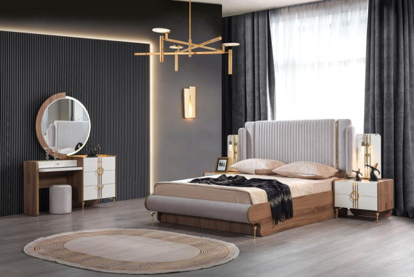 Bedroom Set Bed 2x Bedside table chest of drawers with Mirror Design Luxury 4-piece