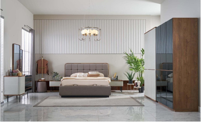 Modern Bedroom Set 7-piece Double bed Complete and Brown Wood Bed