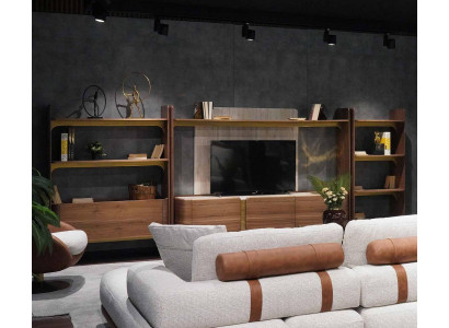 Luxury Wall unit Design Living room Suite Furniture Brown Wood Bookshelf Shelves