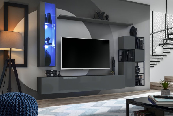 Designer Gray Wall Unit Hanging Display Cabinet TV Stand Complete High Gloss Sideboard