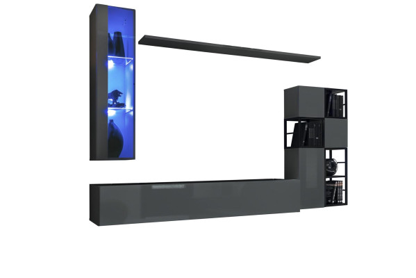 Designer Gray Wall Unit Hanging Display Cabinet TV Stand Complete High Gloss Sideboard