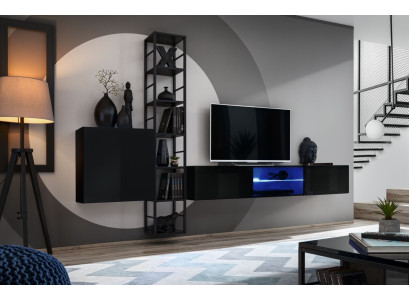 Black Wall unit 270cm Luxury wall cabinet Living room furniture Shelves Wood Furnishings