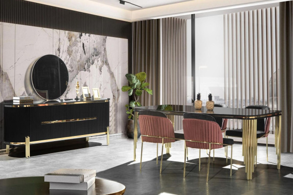 Dining room Black Gold Dining Set Furniture Dinette Chairs Sideboard 6pcs