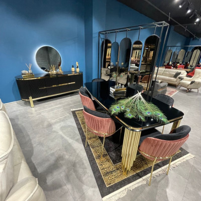 Dining room Black Gold Dining Set Furniture Dinette Chairs Sideboard 6pcs